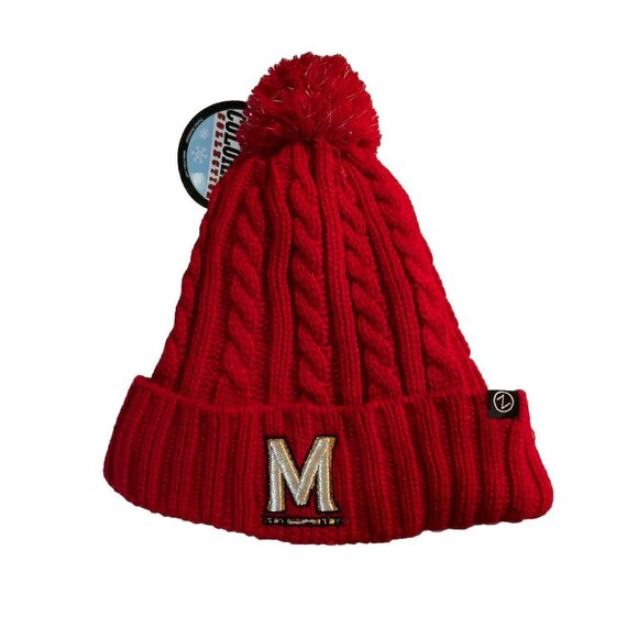 NCAA Zephyr Maryland Terrapins Red Winter Sports Pom Pom Cuffed Knit Beanie Hat - Picture 1 of 5